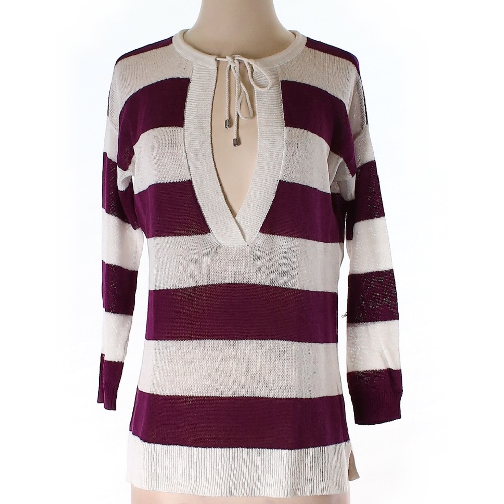 LOFT Purple and White Striped V-Neck Sweater